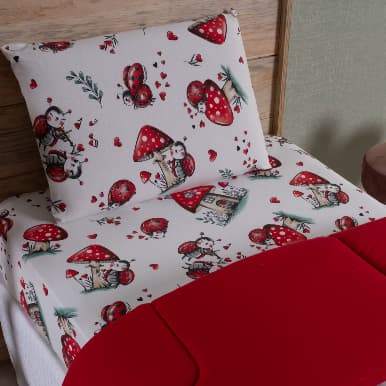 Kit Edredrom Queen + Jogo Lençol Cama Padrão Cor Vermelho Estampado Joaninha Malha Algodão Dupla Face