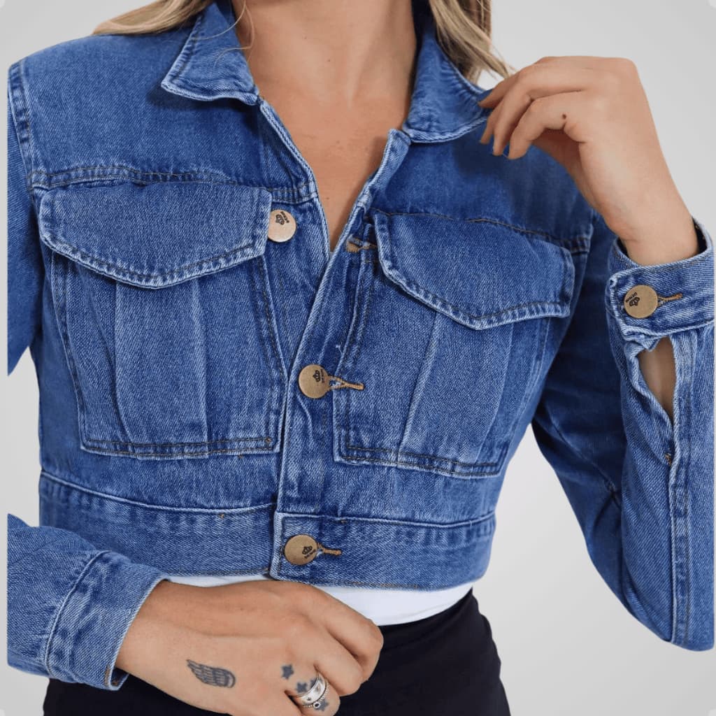 Jaqueta Cropped Jeans Bolso Moda Feminina