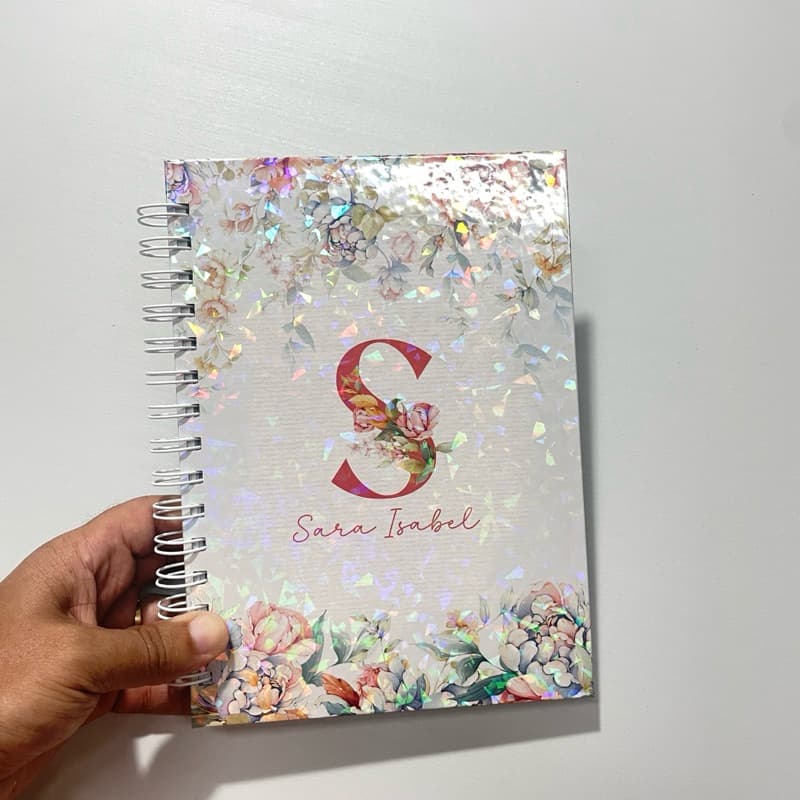 Caderno Floral Azul e Rosa Personalizado | Monograma e Nome – 200 ou 400 Páginas