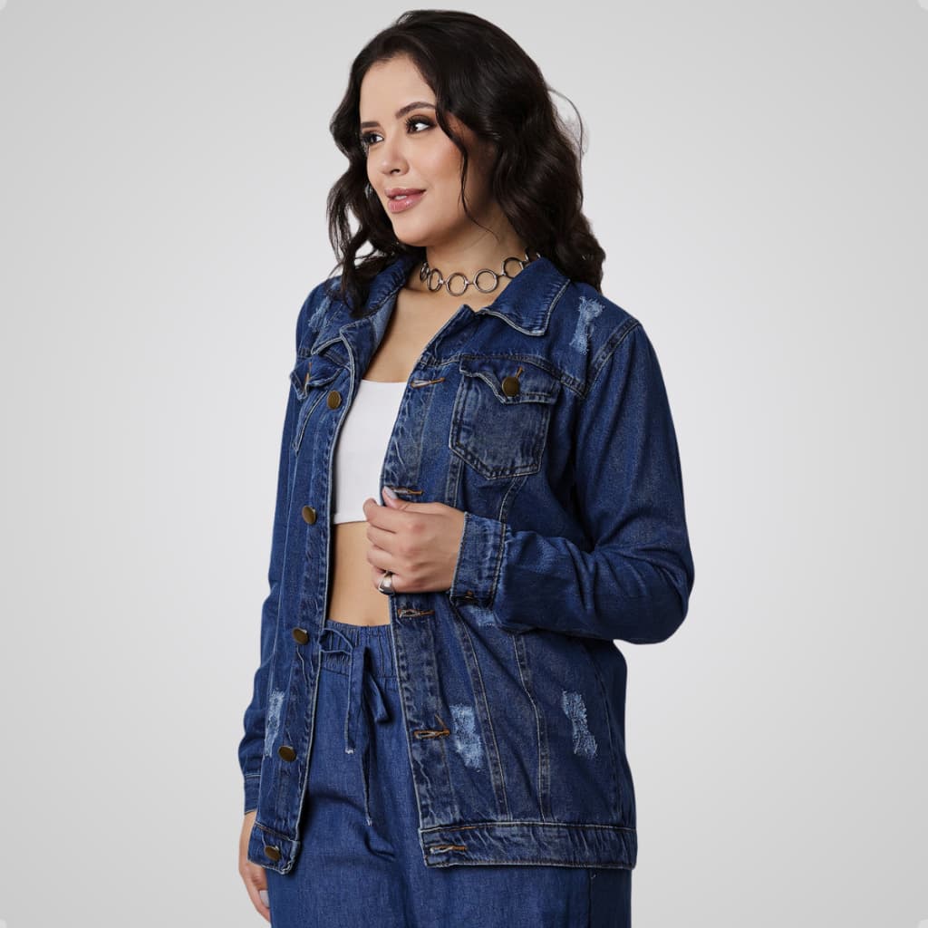 Max Jaqueta Jeans Com Barra Moda Feminina