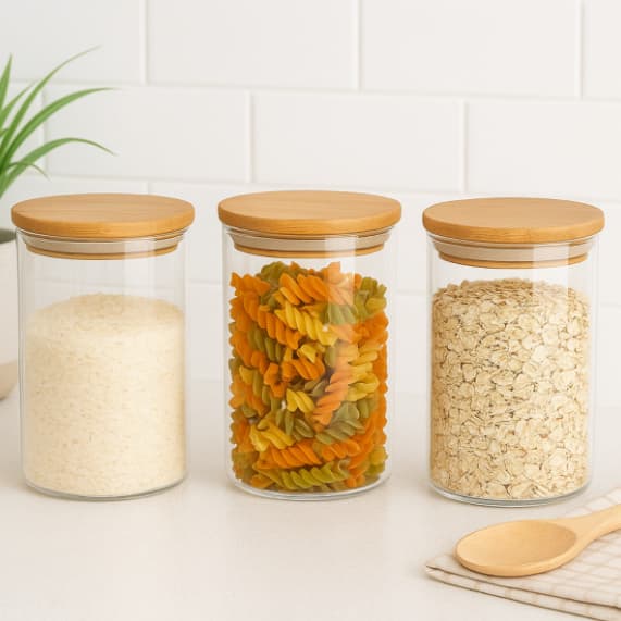 Porta Mantimentos 800ml de vidro com tampa de bambu potes  Hermético