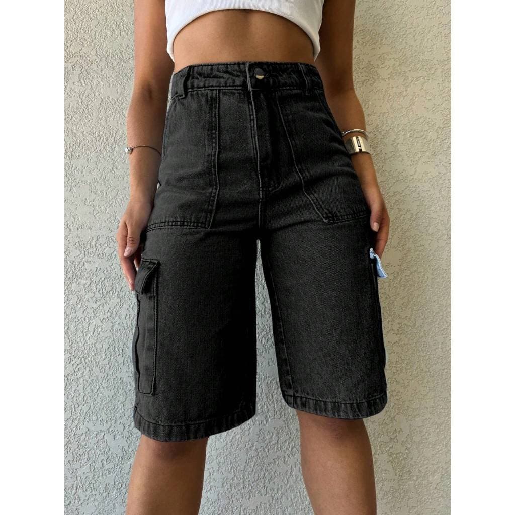 Shorts jeans feminina Bermuda cargo de bolso cintura alto Short Cargo Street Tecido Algodão Premium