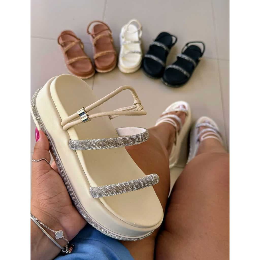 Sandália feminina Papete com Brilho Plataforma com strass Rasteira Feminino Solado Alto