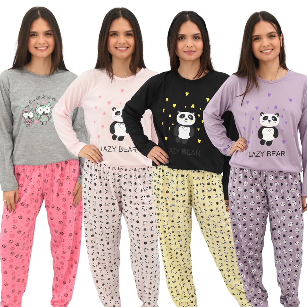 Pijama Feminino Lazy Bear – Manga Longa – Confortável e Estampado