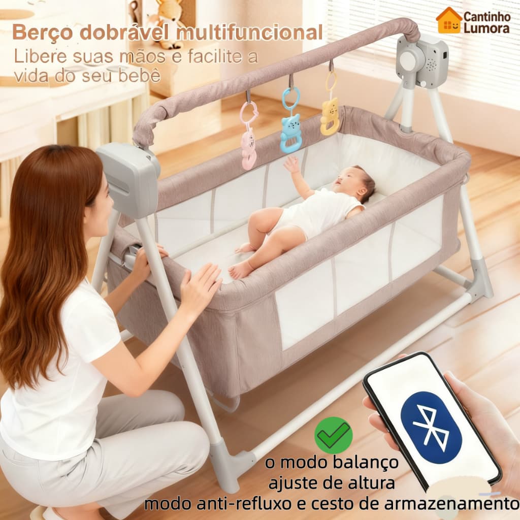 Berço Portátil Moisés com Balanço e Mosquiteiro – Co-bed Dobrável com Cesto Organizador Cinza