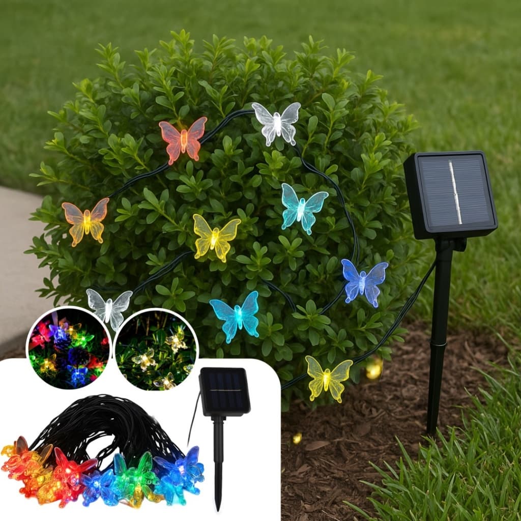Pisca Natal Solar Led 20 Borboletas Rgb Jardim 5 Metros Colorido Enfeite A Prova d`água