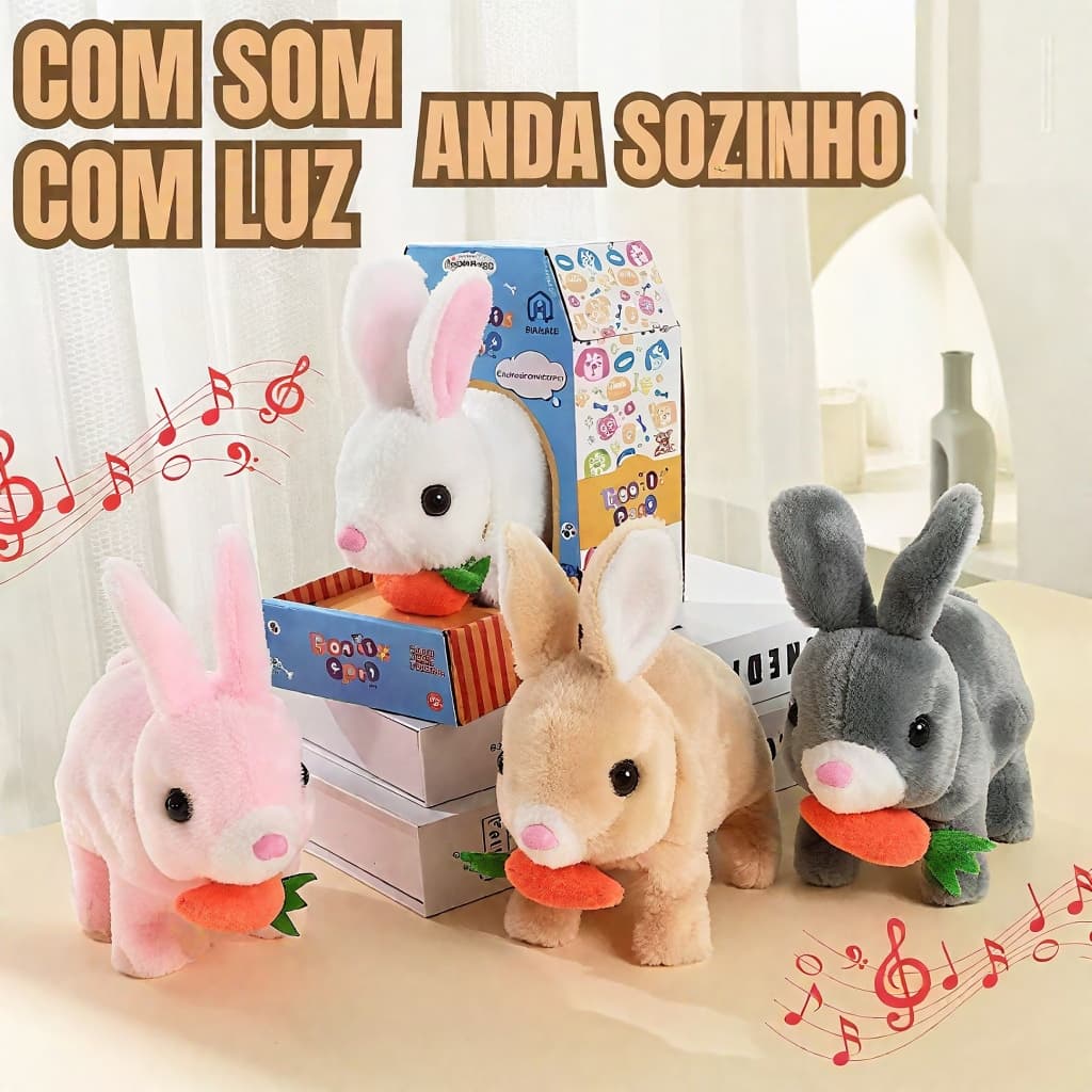 Coelho de pelúcia elétrico que anda e corre para criança