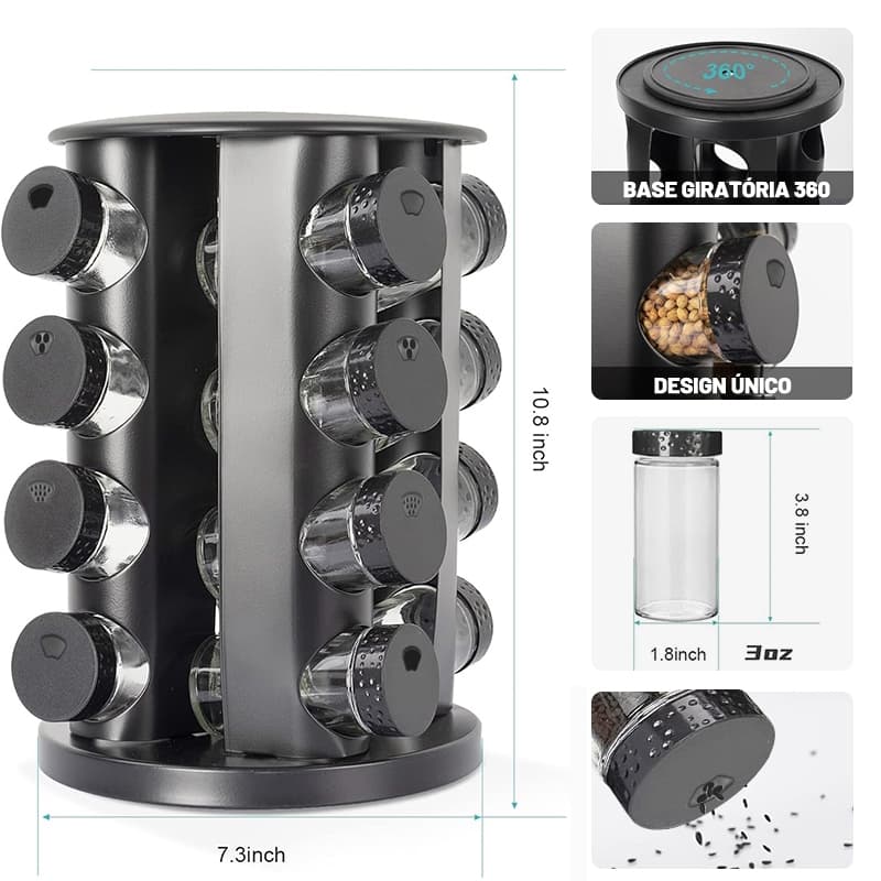 Belifou Porta Condimentos Giratório Tempero com 12 potes de Vidro 90G