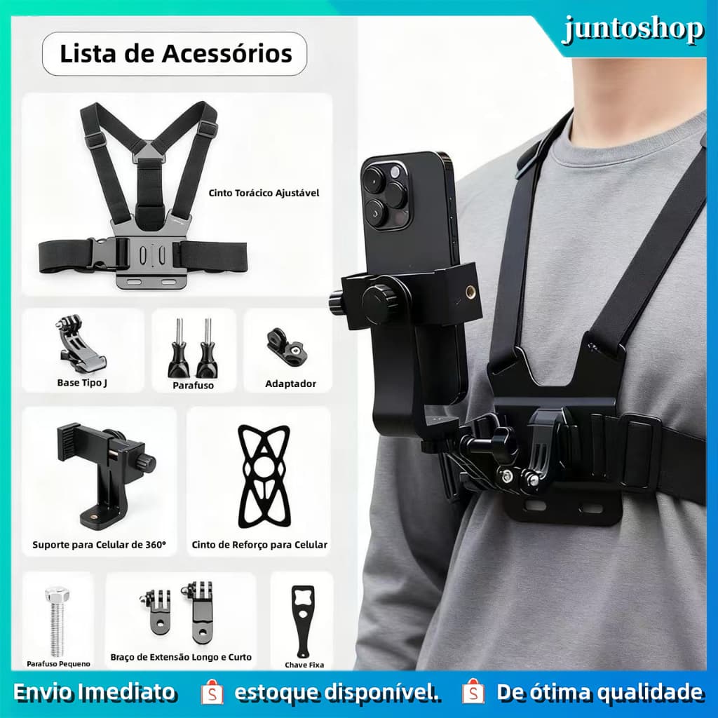 Kit de 11 Peças! Suporte Peitoral Ajustável para Celular & GoPro – Perfeito para Moto, Bike e Esportes