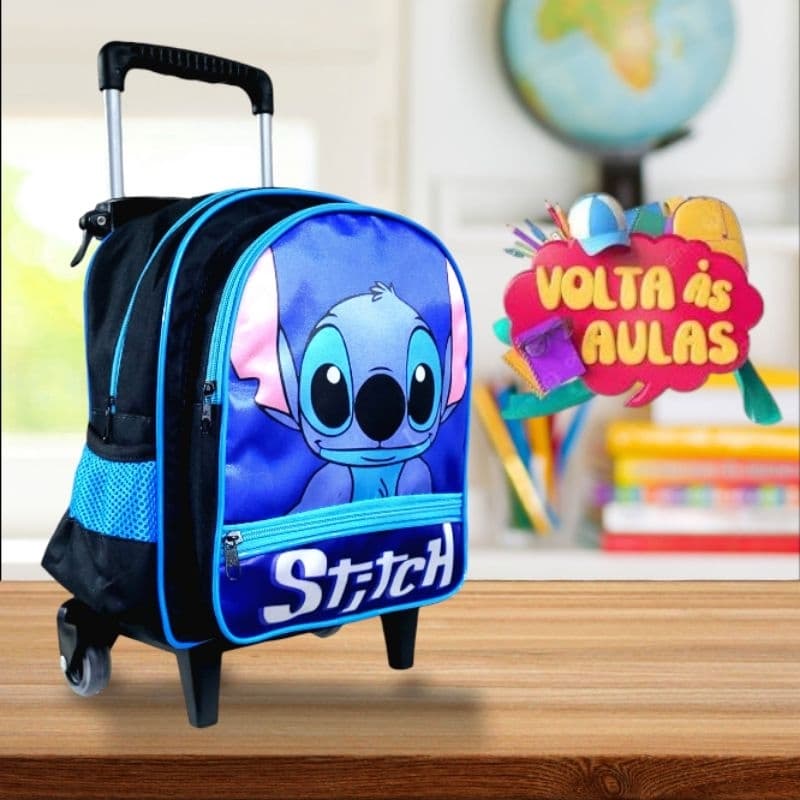 Mochila Escolar Infantil Pequena Creche Com Rodinha Stitch Azul