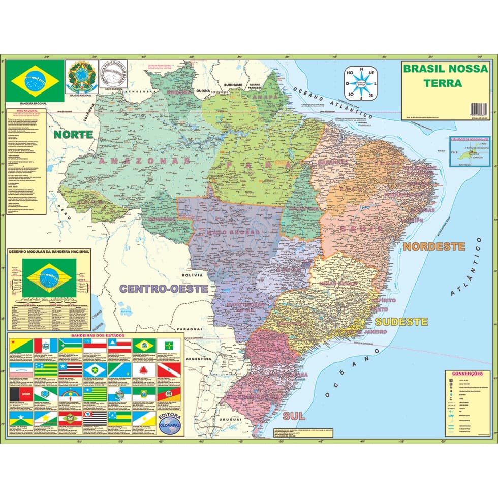 Mapa Brasil Regiões 120x90cm - Atual
