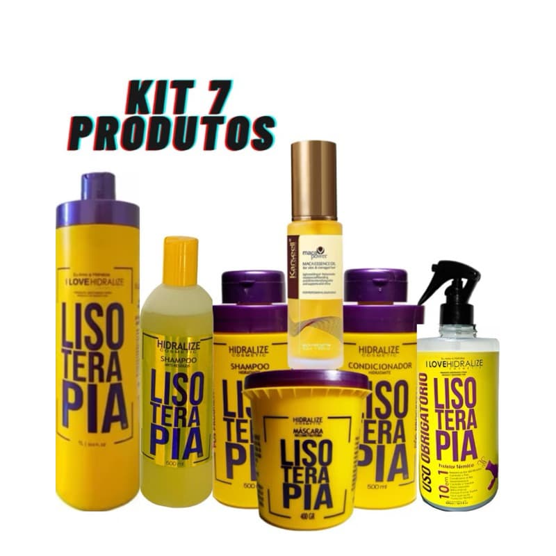 Progressiva Lisoterapia 1L Sem Formol Kit Shampoo e Condicionador Pós Química + 5 Produtos