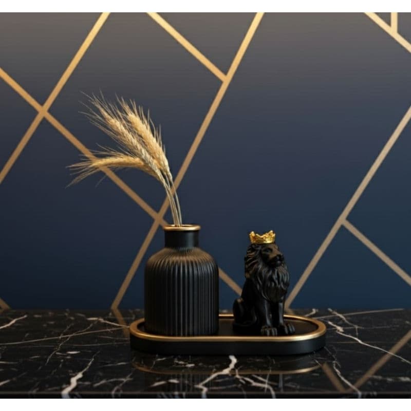 ​Decoração Escultura Leão Rei Preto Fosco C/ Coroa Dourada + Vaso Moderno – Enfeite Mesa Escritório Sala Premium