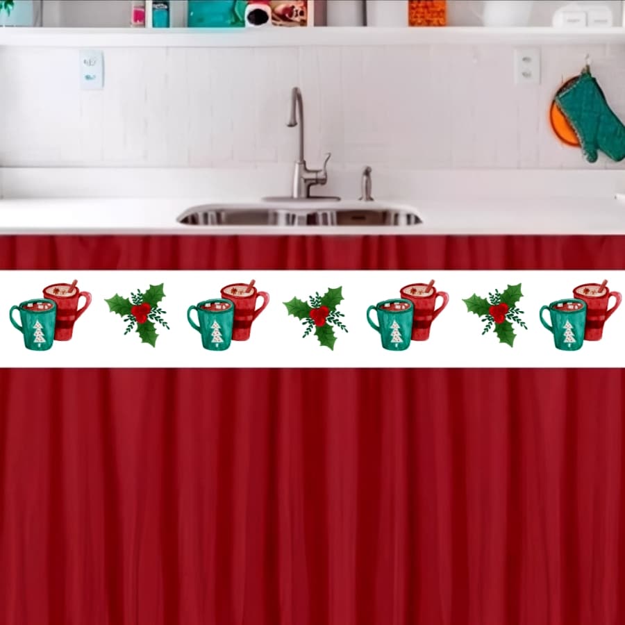 CORTINA PARA DECORAÇÃO DE PIA DE COZINHA  NATAL CANECAS XICARAS FLOR  sem ilhós 1,40x0,80
