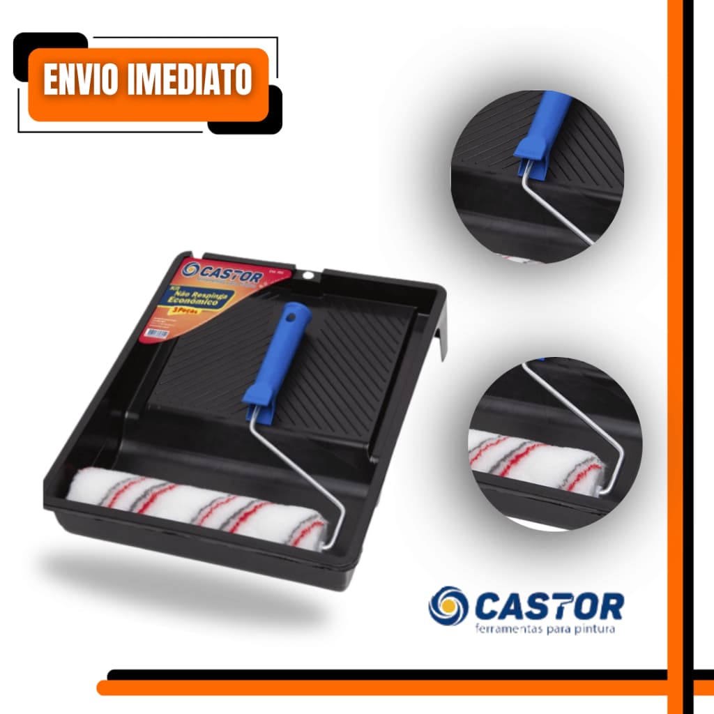 Kit Pintura Castor 3 Peças Não Respinga Econômico Rolo 23cm Bandeja e Suporte