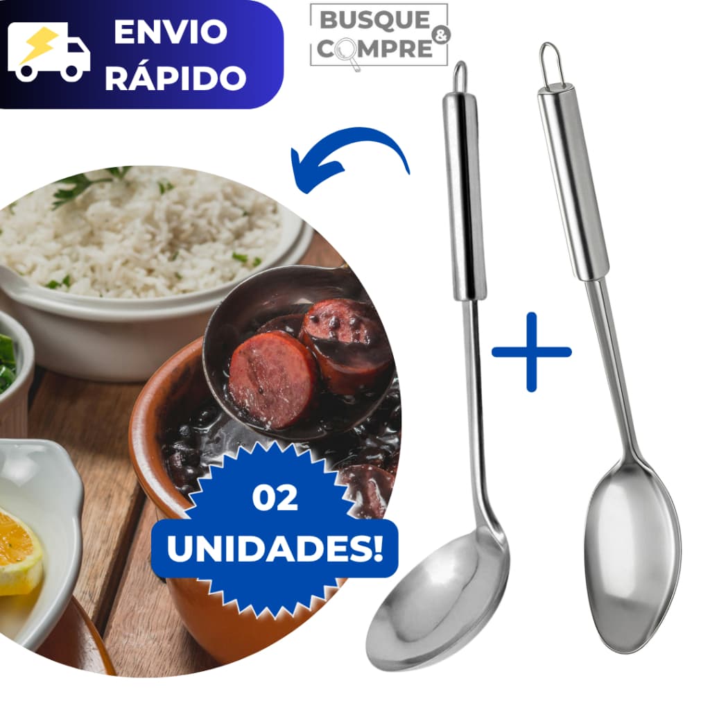 Colher de Arroz Inox + Concha de Feijão Inox Bola para Caldos Molhos Kit para Cozinha Conjunto