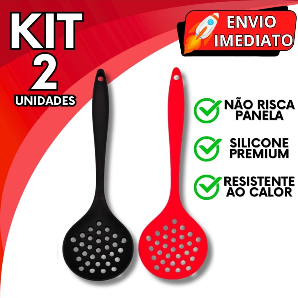 KIT Jogo 2 Escumadeira de Silicone Colher Gourmet GRANDE Resistente Para Casa Cozinha Restaurante Utensilio de Silicone