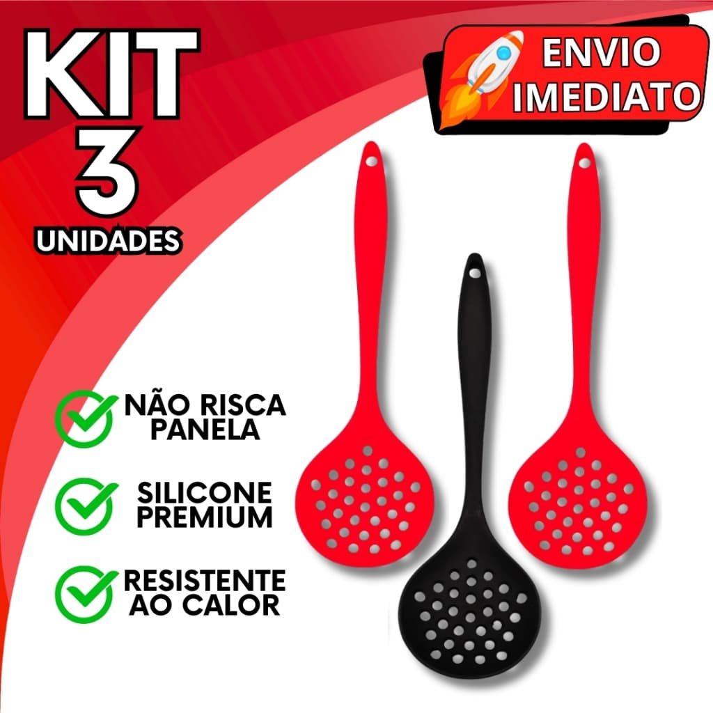 KIT Jogo 3 Escumadeira de Silicone Colher Gourmet GRANDE Resistente Para Casa Cozinha Restaurante Utensilio de Silicone