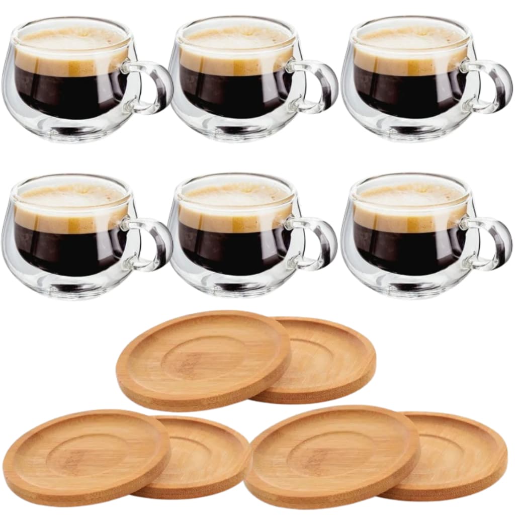 Xicaras Vidro Duplo Com Pires Caneca Parede Dupla 6 Un 150ml
