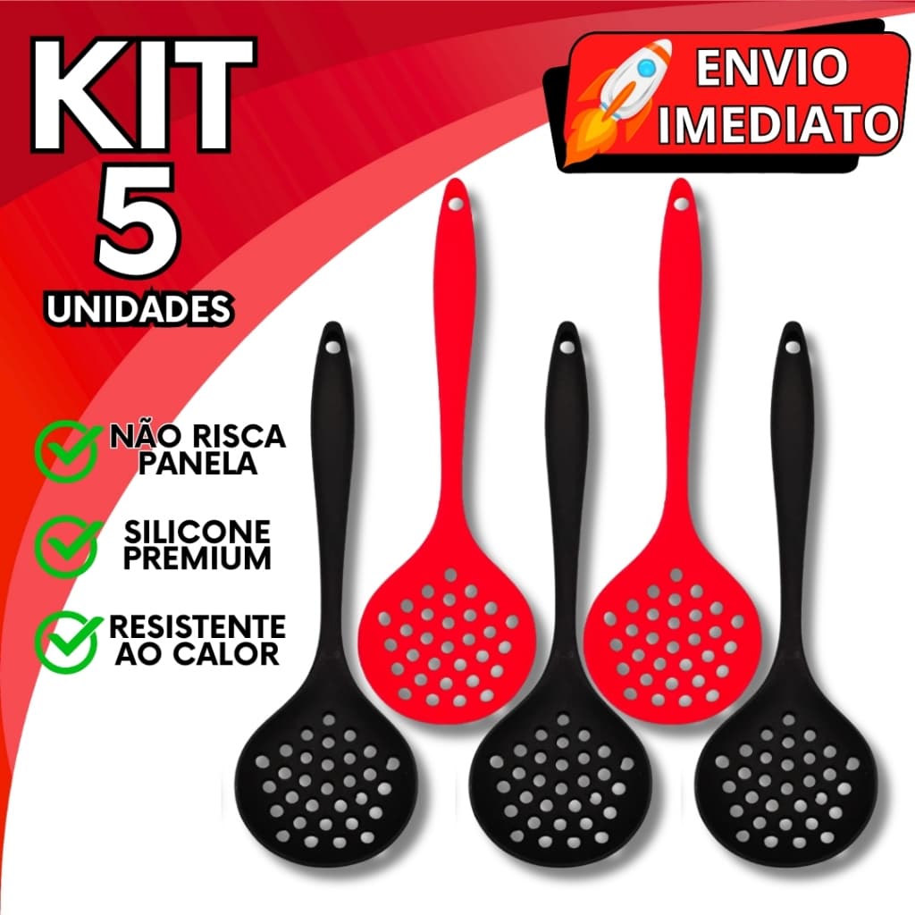 KIT Jogo 5 Escumadeira de Silicone Colher Gourmet GRANDE Resistente Para Casa Cozinha Restaurante Utensilio de Silicone