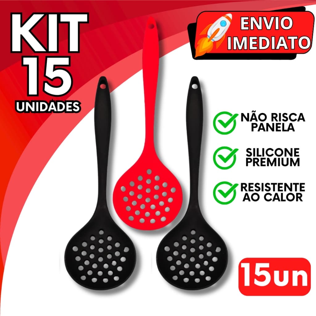 KIT Jogo 15 Escumadeira de Silicone Colher Gourmet GRANDE Resistente Para Casa Cozinha Restaurante Utensilio de Silicone
