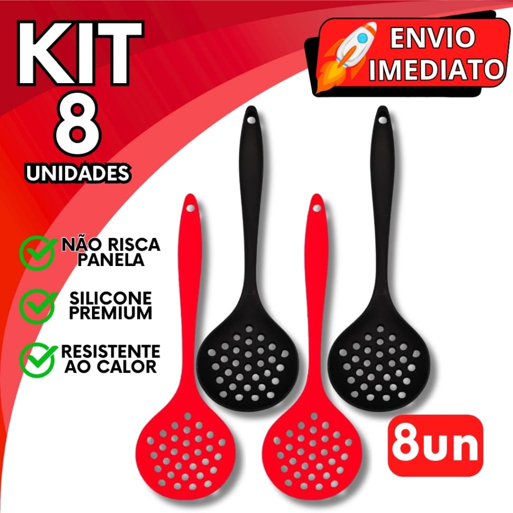KIT Jogo 8 Escumadeira de Silicone Colher Gourmet GRANDE Resistente Para Casa Cozinha Restaurante Utensilio de Silicone