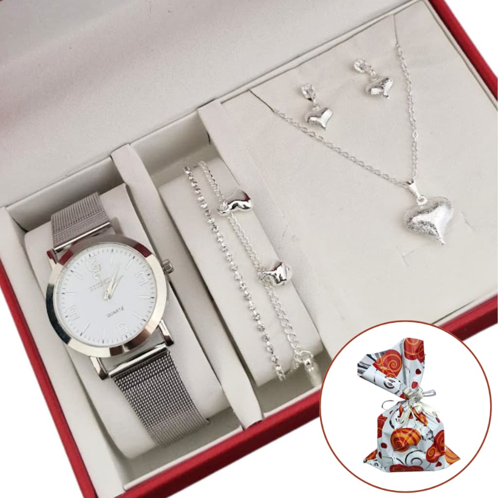 Relógio Feminino Prateado Analógico Prova d'água+ Colar Brincos Folheados  Pulseira Feminina com Caixa - Presente mulher