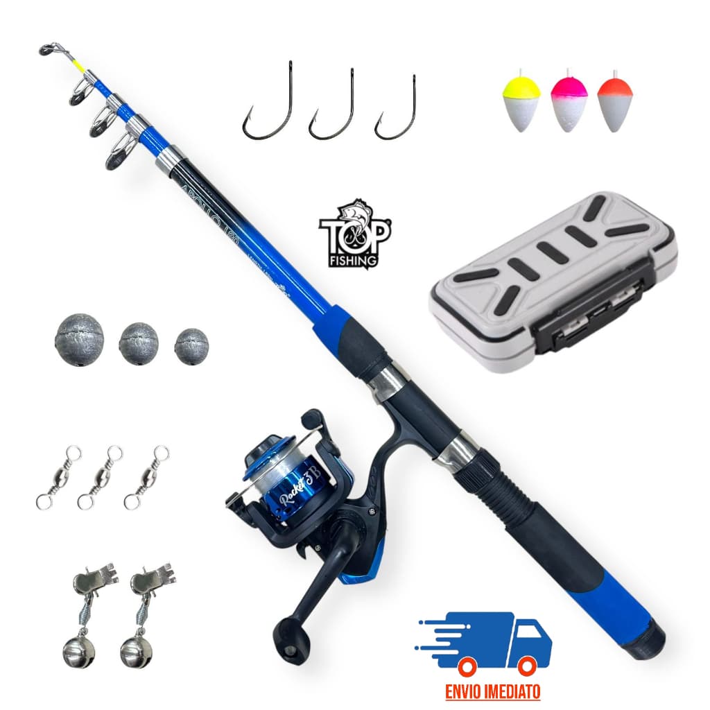 Kit Completo De Pesca 1 Vara Telescópica + 1 Molinete Com Linha + 1 Caixa De Pesca e Acessórios