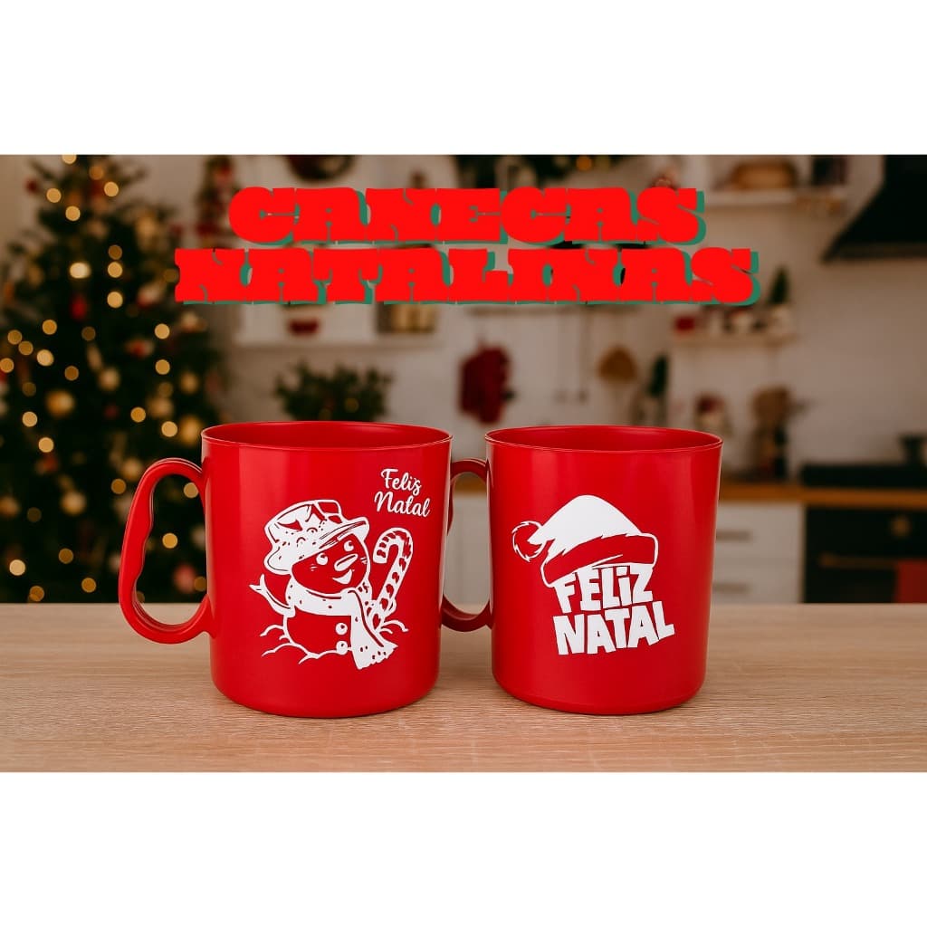 KIT 10/20/30 CANECAS FELIZ NATAL 400 ML VERMELHA PLÁSTICO LEMBRANCINHA NATALINA