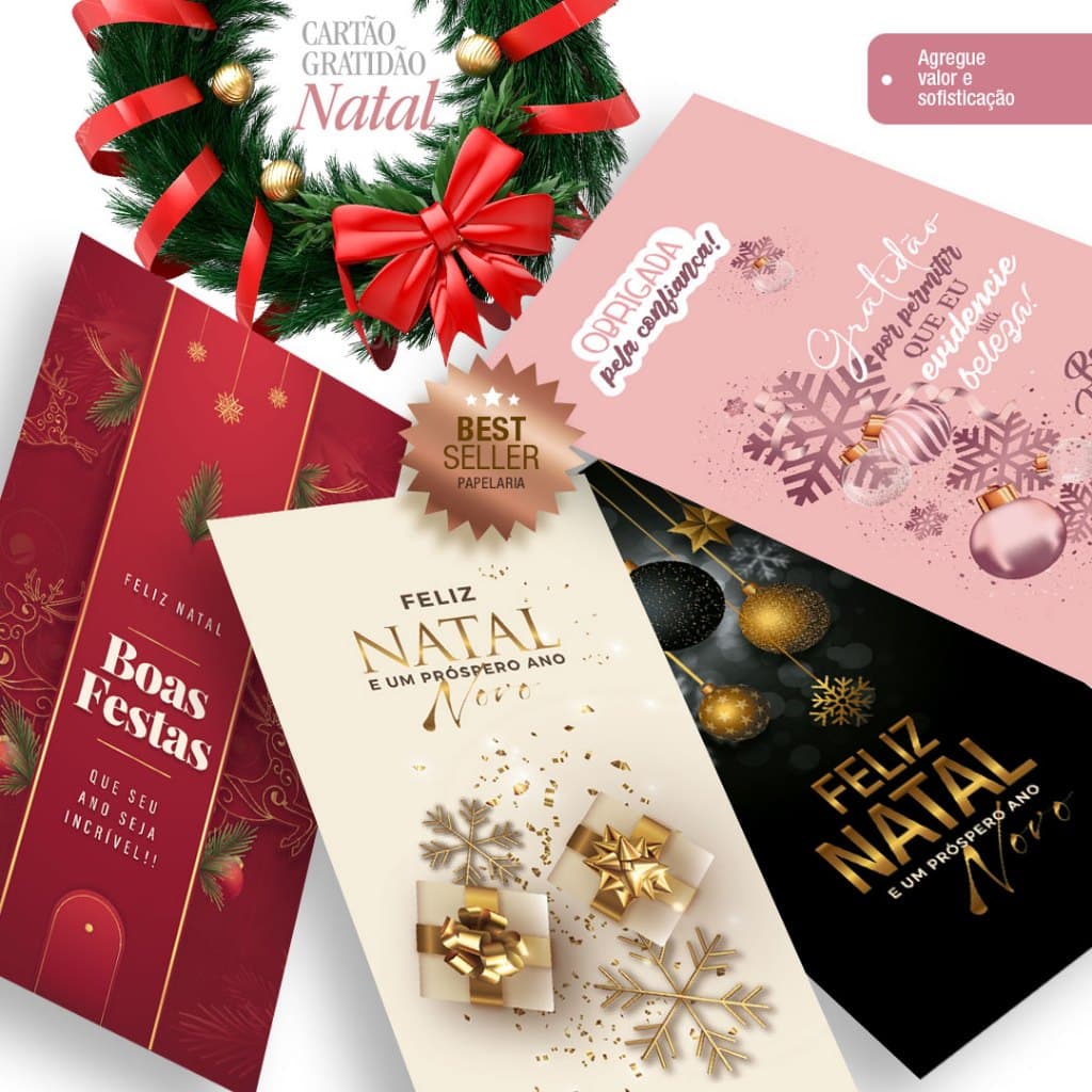 50 Cartões de Natal agradecimento 4,5x9cm - À Pronta Entrega