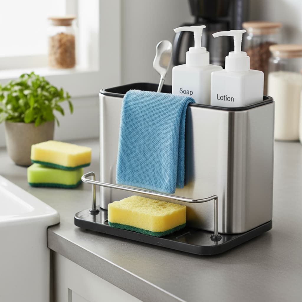 Organizador de Pia Inox Premium Suporte Esponja Sabão Detergente | Drenagem Cozinha Moderna