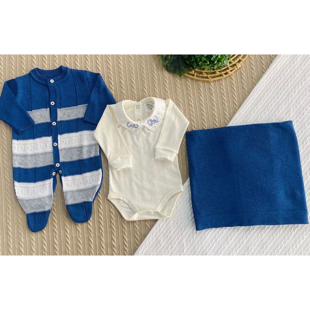 Kit Saída Maternidade Tricô 3 Peças RN Macacão Body Manta Bebê