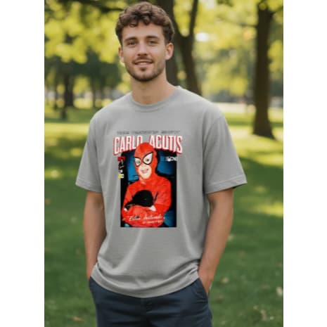 Camiseta Carlo Acutis Super-Herói Masculina 100% Algodão Premium Confortável Moderna Religiosa FÉ