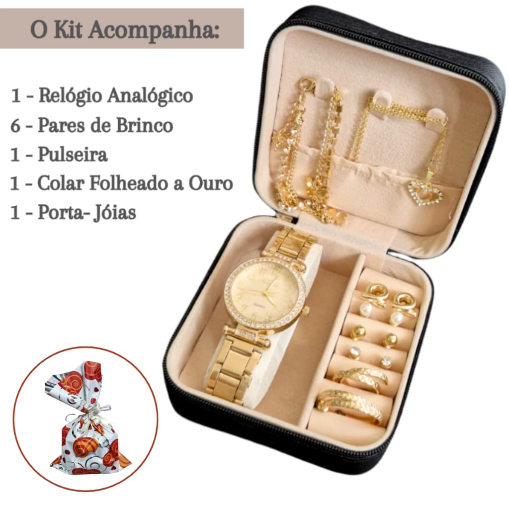 Relogio feminino Analógico + Kit 6 pares de Bincos mulher + Colar Pulseira + Porta Joia - Presente  mulher, mãe, natal