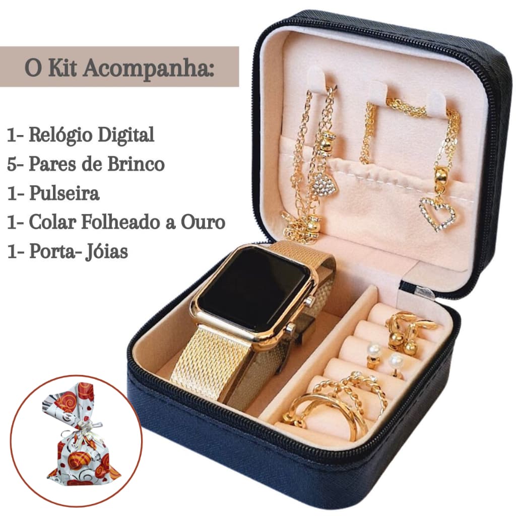 Relogio feminino Digital  + Acessórios  - 6x Bincos  Colar Pulseira Porta Joias - Presente para mulher, presente natal