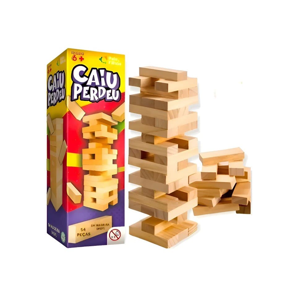 Jogo Caiu Perdeu Torre de Madeira 54 Peças Equilíbrio Brinquedo Pedagógico Desenvolve Coordenação Motora Pais & Filhos