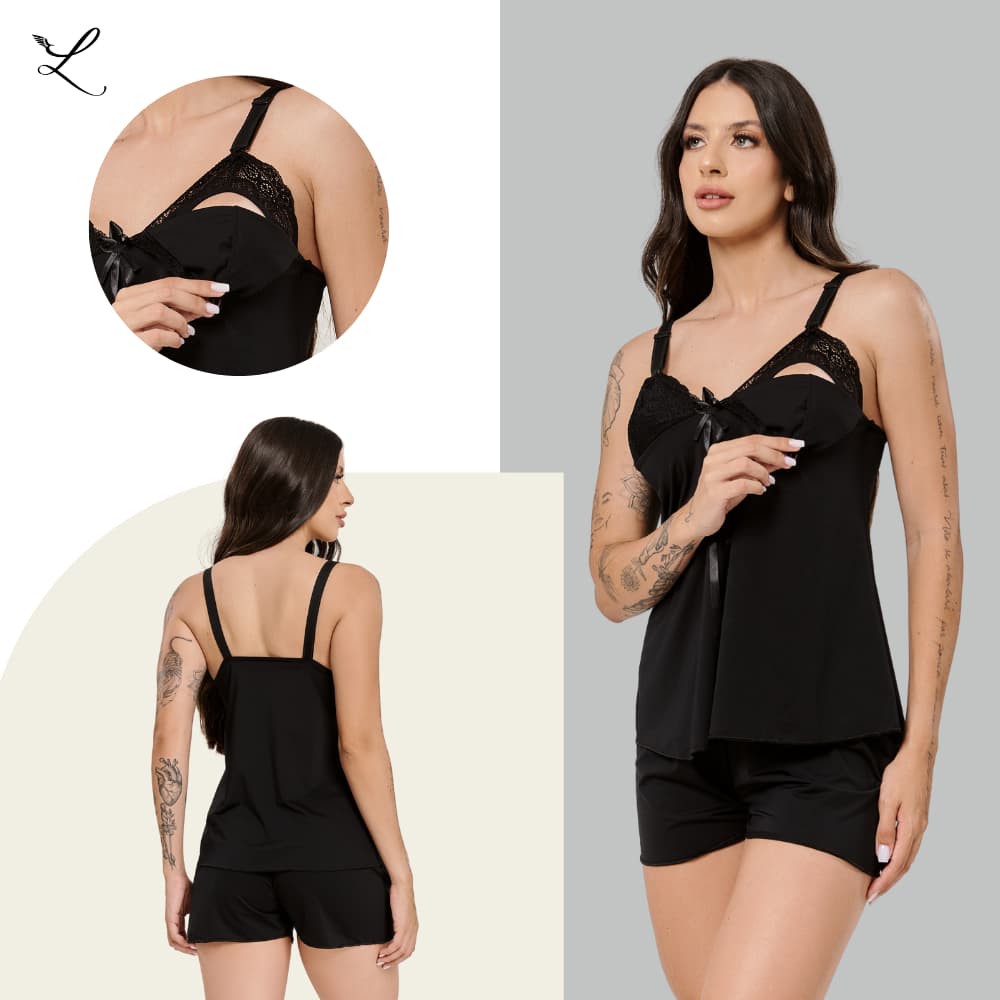 Pijama Amamentação Renda com Click de Acesso Pós-Parto | Conforto e Elegância