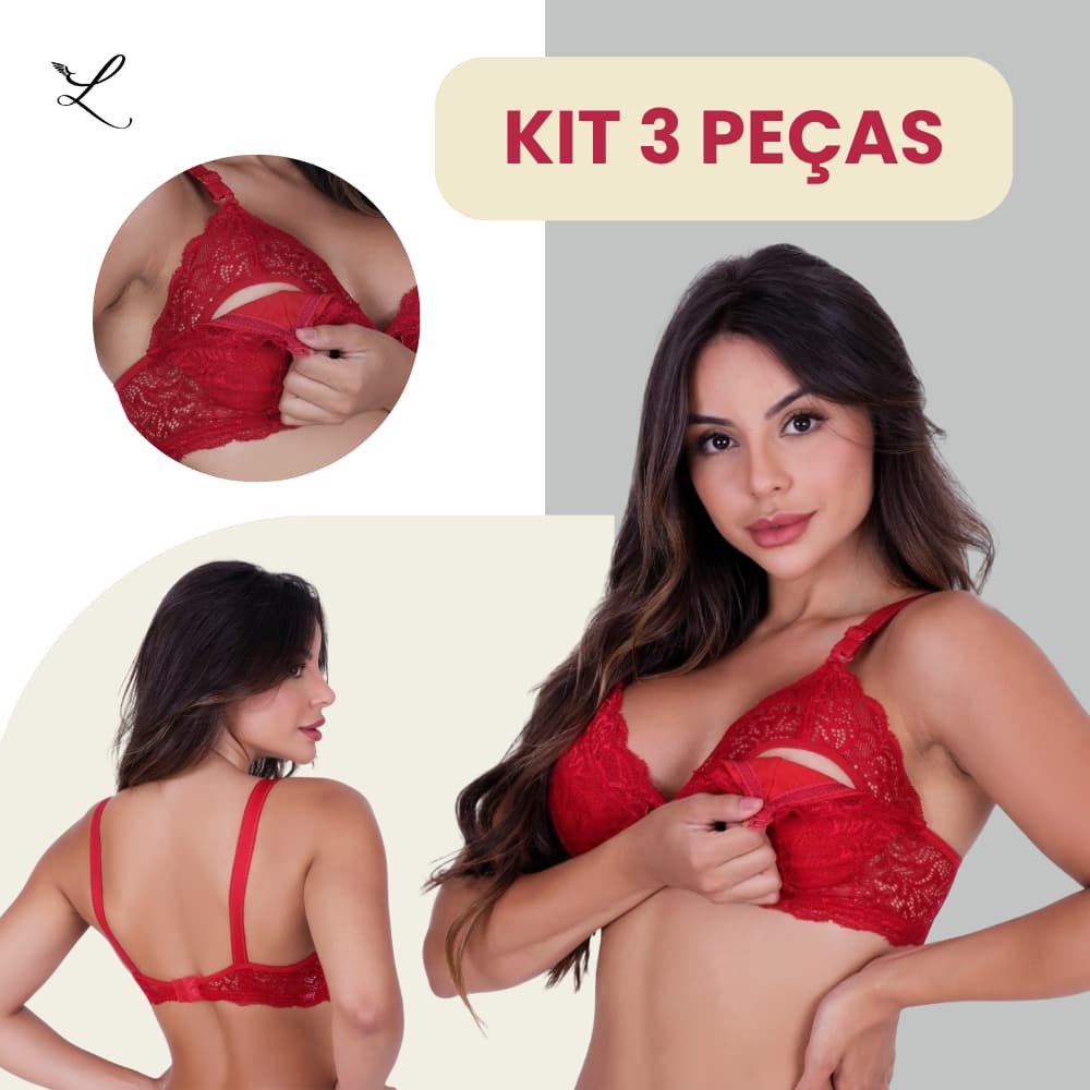 Kit 3 Sutiãs Amamentação Renda Conforto Sem Bojo Alças Largas Pós-Parto