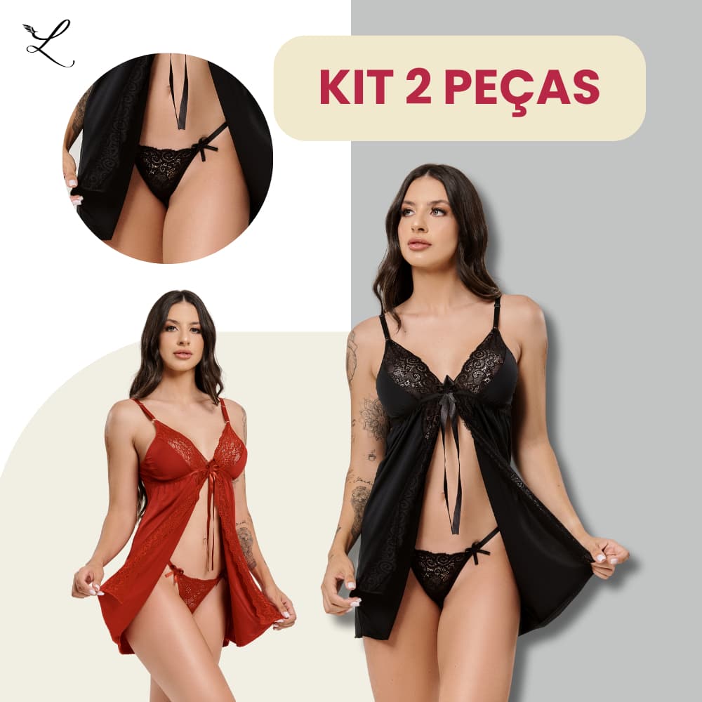 Kit 2 Camisolas Renda Abertas com Calcinha Brinde | Confortável (Sortidas) Frete Grátis