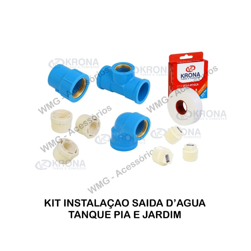 Kit Instalação Saída D’Água Tanque Pia Jardim 25mm rosca 3/4 Krona Brinde Fita Veda Rosca