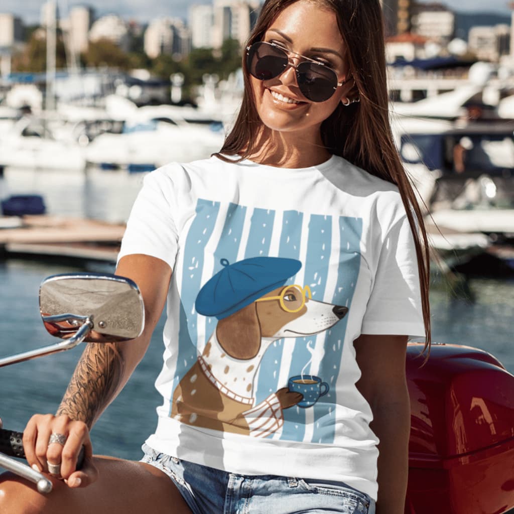 Camiseta Feminina Vintage Cachorro Artista Com Café E Boina Camisa Estilo Dog Francês 100% Algodão