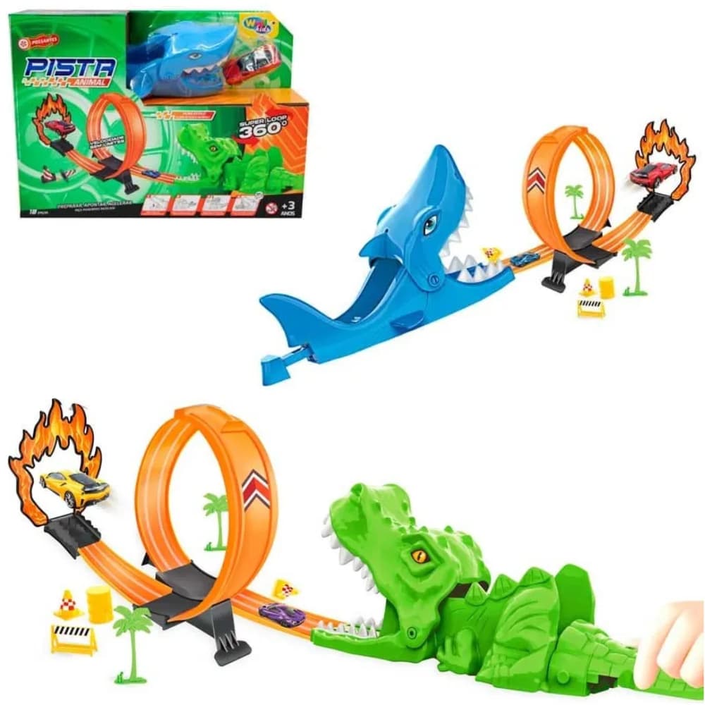Pista De Corrida Carrinho Com Lançador Loop 360 Super Animal Jacare Tubarao