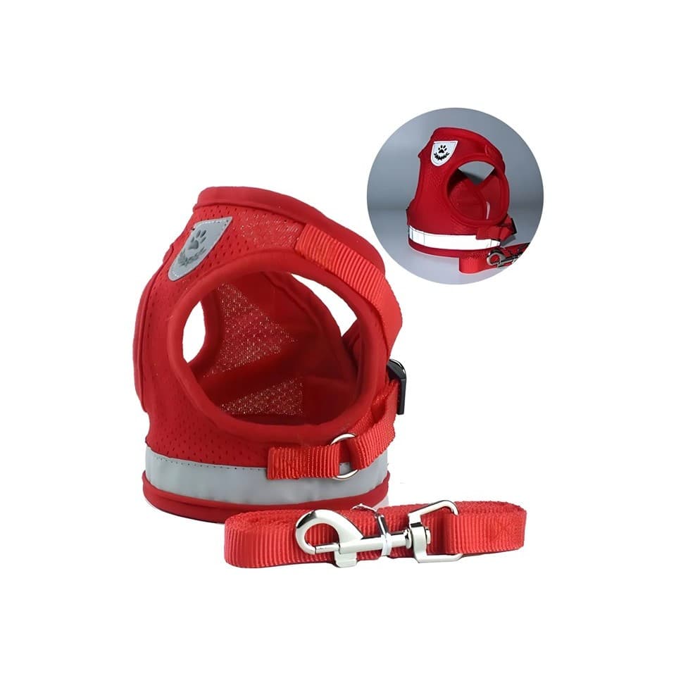 Coleira Peitoral Colete Refletivo Para Cachorro Gato Coelho Pet em Geral + Guia Tamanho P (S) Cor Vermelho
