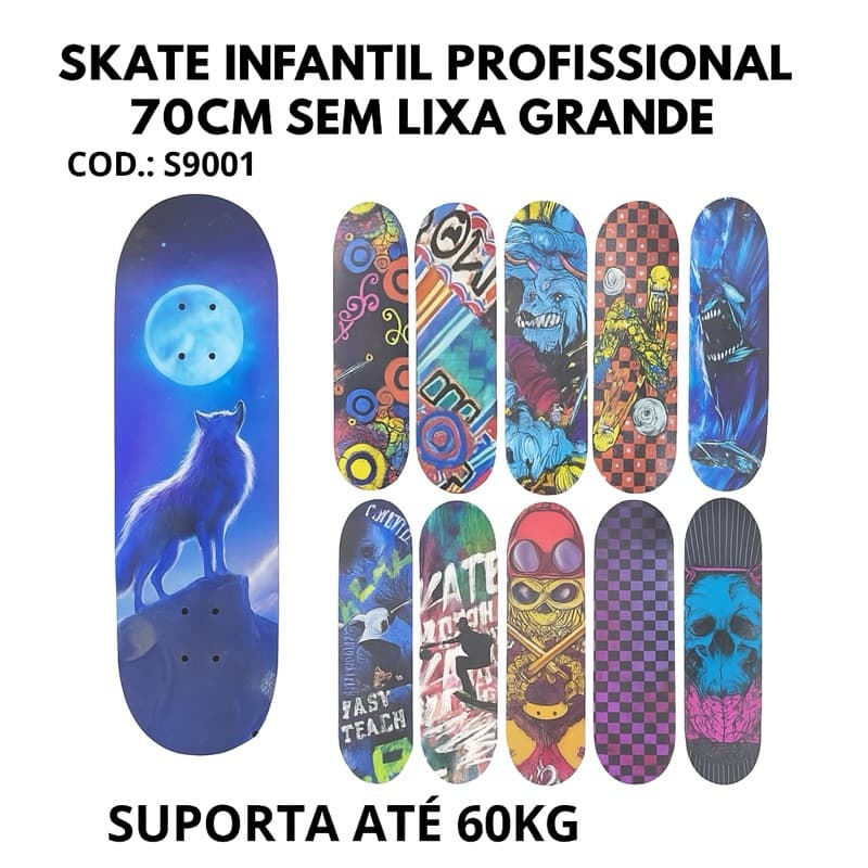 Skate de Madeira 70cm Sem Lixa – Brinquedo Esportivo Infantil, Estampas Variadas, Suporta até 60kg