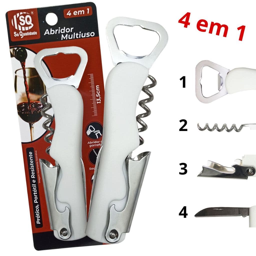 Abridor De Garrafas 13,5cm Simples 4 Funções Multifuncional Vinhos Articulado