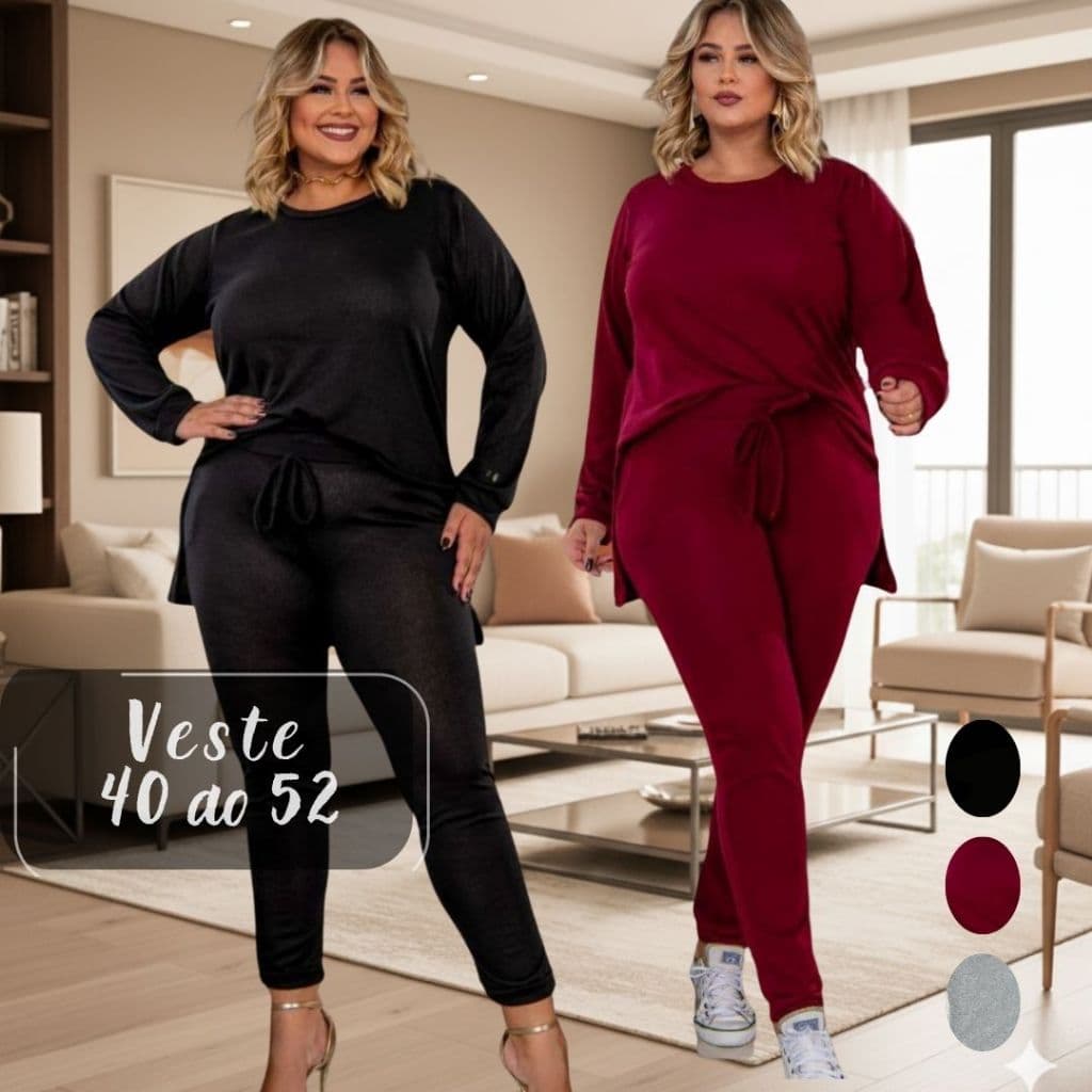 Kit Conjunto Feminino De Frio Moda  Inverno Blusa e Calça Lã Batida Look Inverno Plus Size Curve