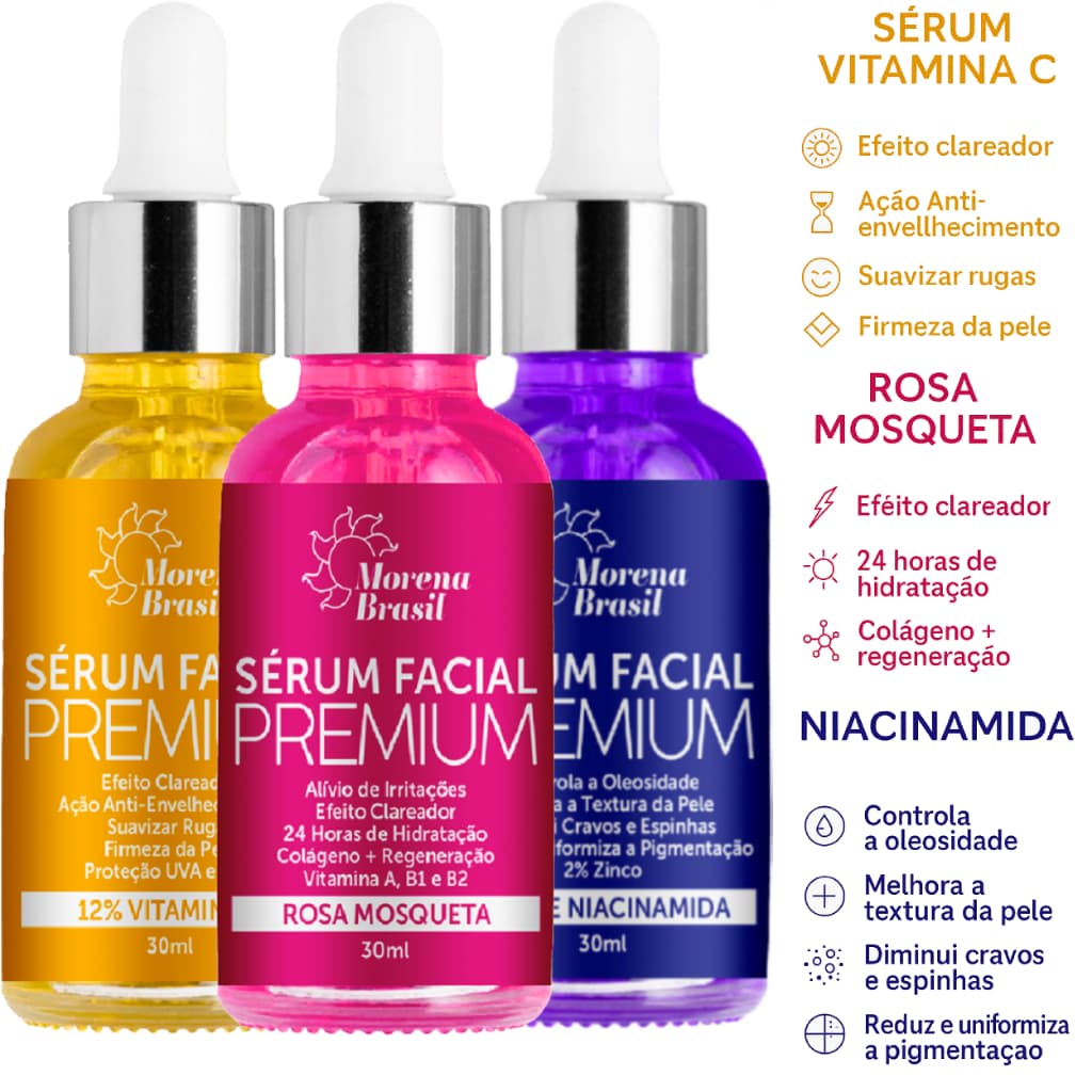 Kit 3x Sérum Facial Premium Morena Brasil | Vitamina C + Niacinamida + Rosa Mosqueta