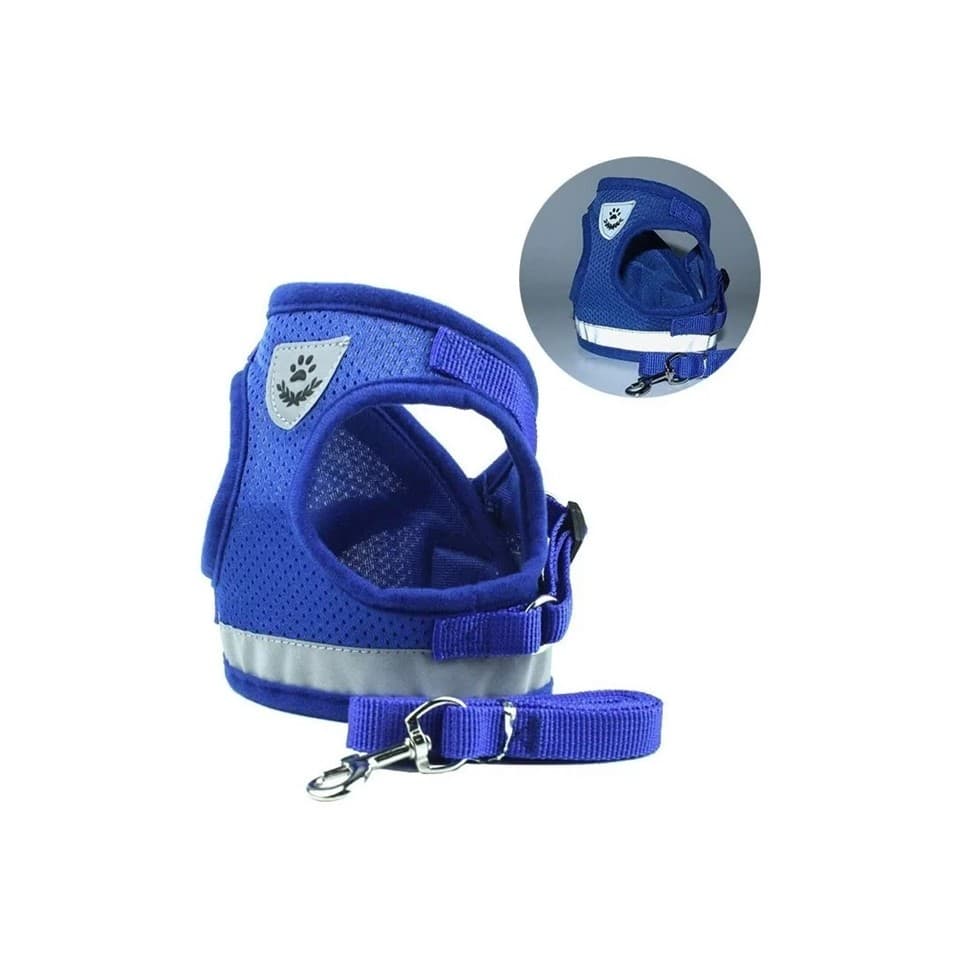 Coleira Peitoral Colete Refletivo Para Cachorro Gato Coelho Pet em Geral + Guia Tamanho P (S) Cor Azul