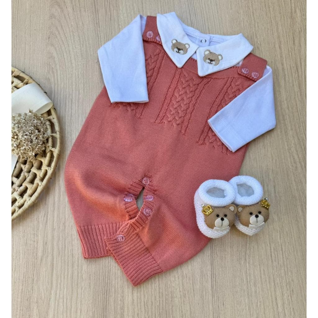 Saída de Maternidade Macacão Jardineira Pêssego Urso Tricot 3 Peças