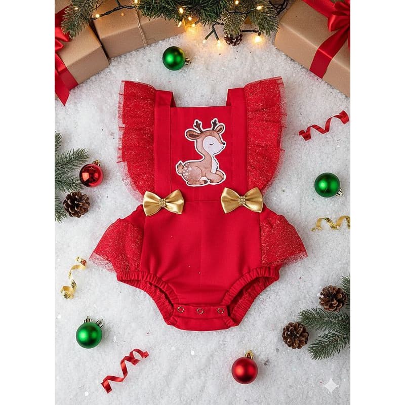 romper natal rena infantil jardineira vermelho natalino